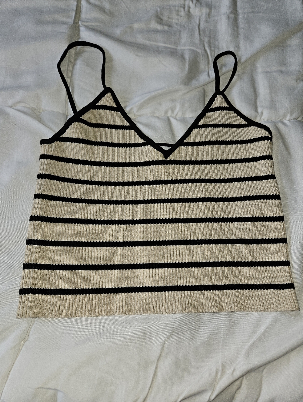 Zara Tan & Black Striped Knit V-Neck Cropped Tank - Size M